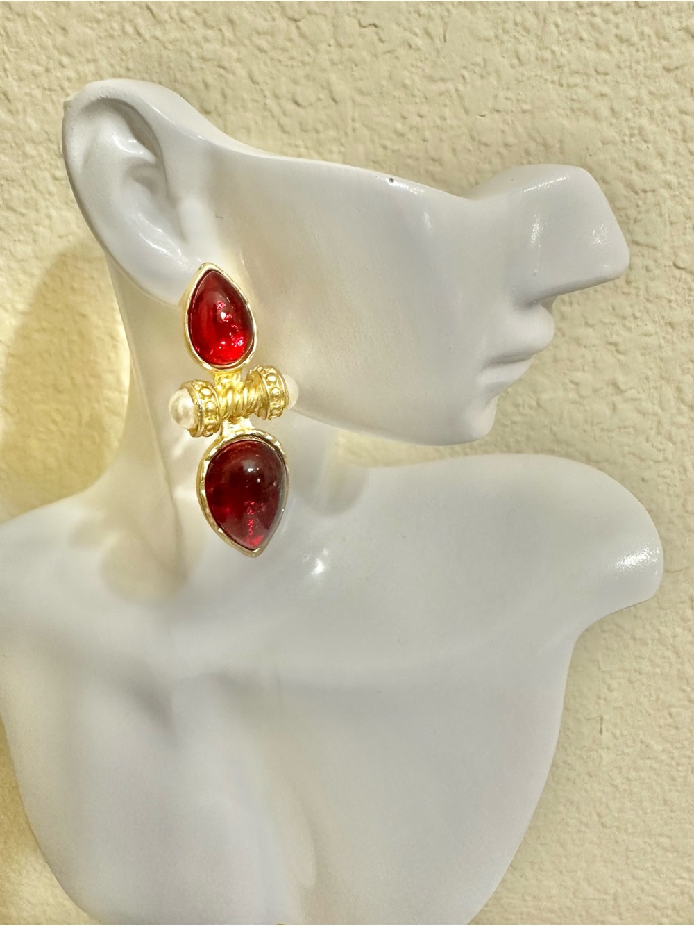 Elegant Gold-Plated Red Crystal Teardrop Drop Earrings w/ Pearl Accents